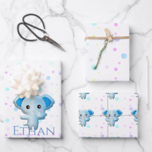 Cute Little Blue Boy Elephant Wrapping Paper Sheet