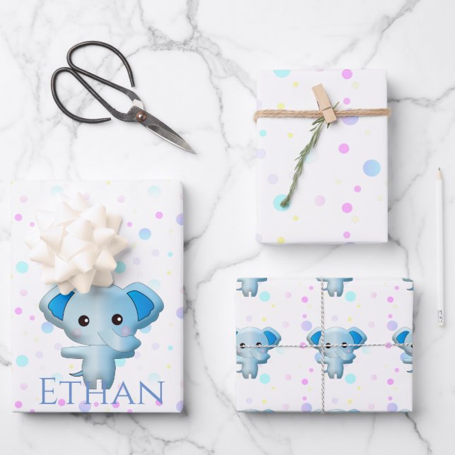 Cute Little Blue Boy Elephant Wrapping Paper Sheet (Front)