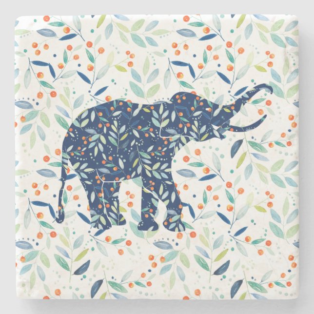 Cute Little Blue Elephant Botanical Watercolors Stone Coaster (Front)