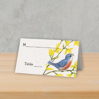Cute Little Blue Red Bird on Branch Yellow Flowers Place Card