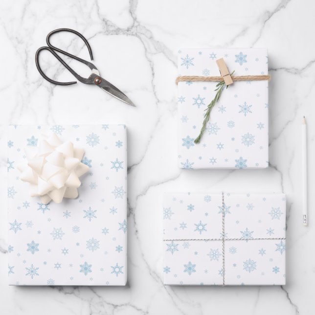 Cute Little Blue Snowflakes Wrapping Paper Sheet (Front)