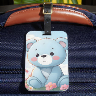 Cute little blue teddy bear in garden luggage tag