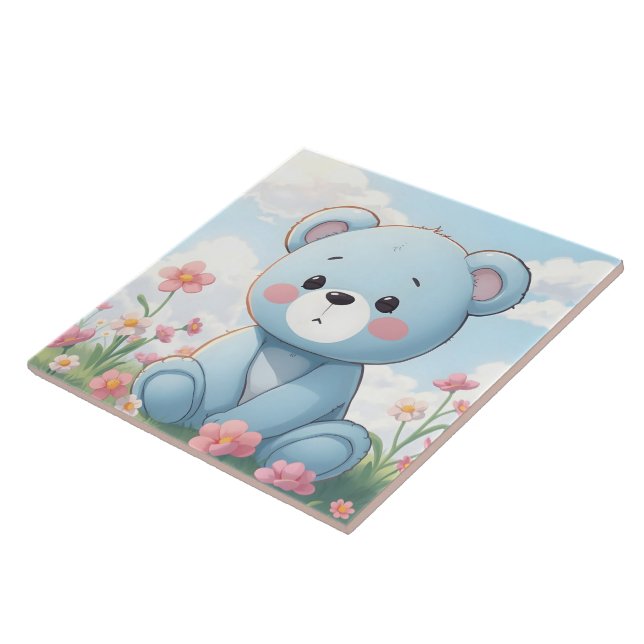 Cute little blue teddy bear in garden tile (Side)