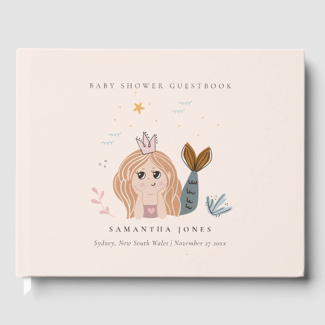 Cute Little Blush Sea Mermaid Girl Baby Shower Guest Book (Front)