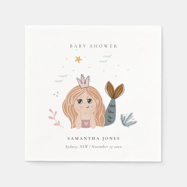 Cute Little Blush Sea Mermaid Girl Baby Shower Napkin (Front)