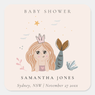 Cute Little Blush Sea Mermaid Girl Baby Shower Square Sticker