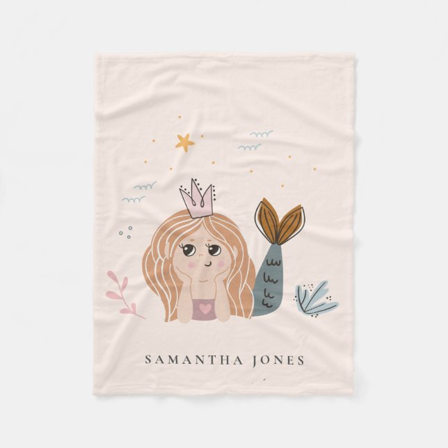 Cute Little Blush Sea Mermaid Watercolor Girl Fleece Blanket (Front)