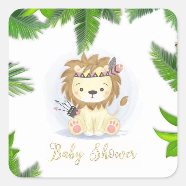 Cute Little Boho Lion Baby Boy Shower Square Sticker (Front)