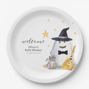 Cute Little Boo Ghost Boy Baby Shower Welcome Paper Plate