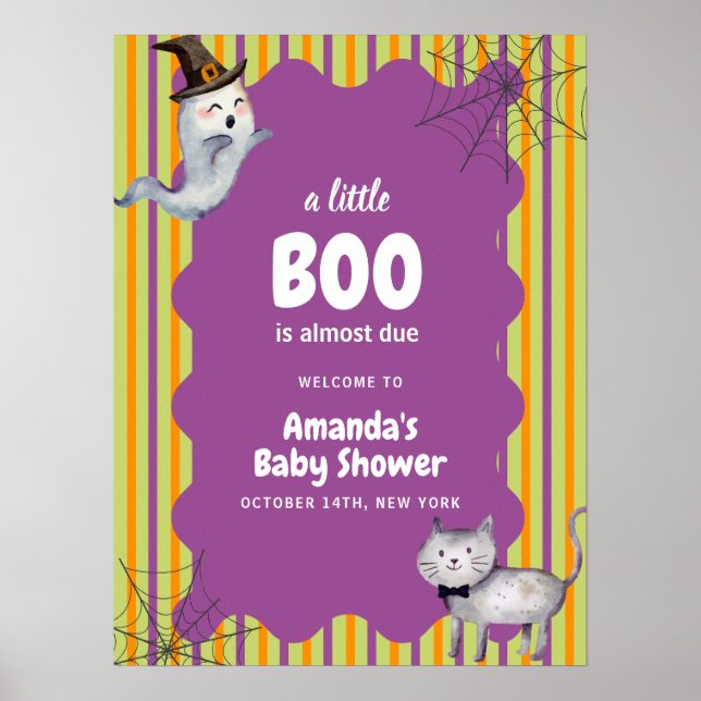 Cute Little Boo Ghost Cat Fall Baby Shower Welcome Poster (Front)