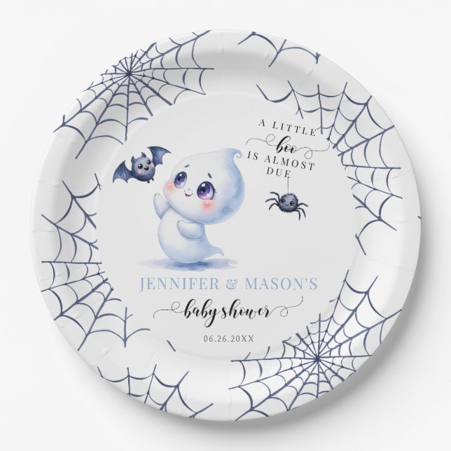 Cute Little Boo Ghost Halloween Baby Boy Shower Paper Plate (Front)