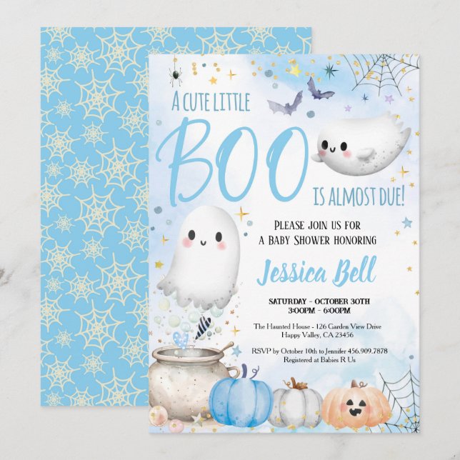 Cute Little Boo Halloween Boy Baby Shower Blue Invitation (Front/Back)