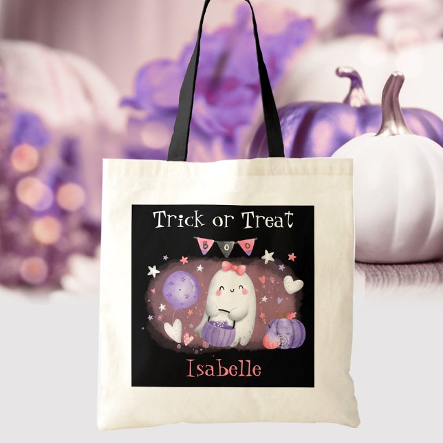 Cute Little Boo Pink Black Name Halloween Tote Bag (Cute Little Boo Pink Black Candy Halloween Tote Bag)