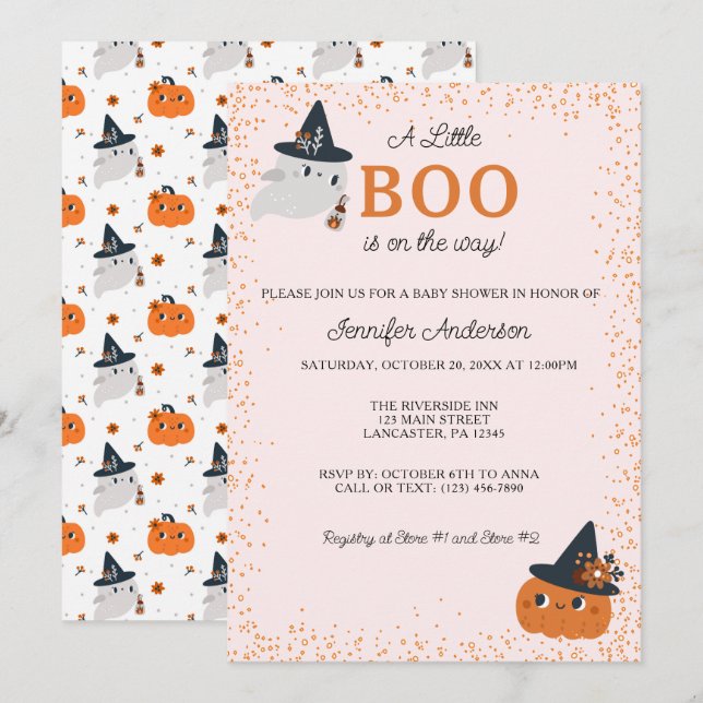 Cute Little Boo Pumpkin and Ghost Baby Shower Invitation (Front/Back)