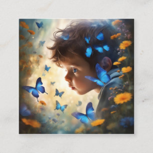 Cute little boy and a blue butterfly square business card