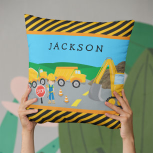 Cute Little Boy Construction Vehicle Monogrammed Cushion