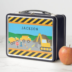 Cute Little Boy Construction Vehicle Monogrammed Metal Lunch Box