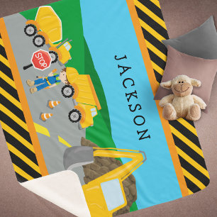 Cute Little Boy Construction Vehicle Monogrammed Sherpa Blanket
