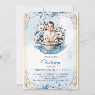 Cute little boy dusty blue flowers gold frame invitation