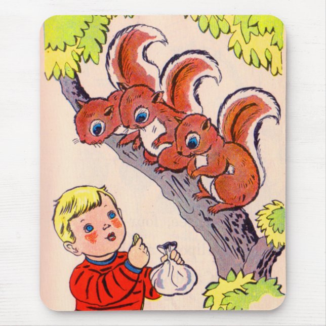 cute little boy feeds cute little squirrels mouse mat (Front)