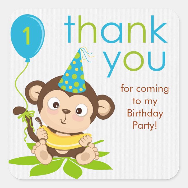 Cute Little Boy Monkey Thank You Sticker (Front)