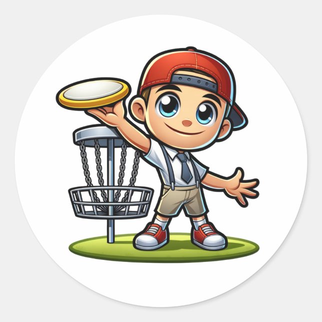 Cute Little Boy Playing Disc Golf Classic Round Sticker (Front)