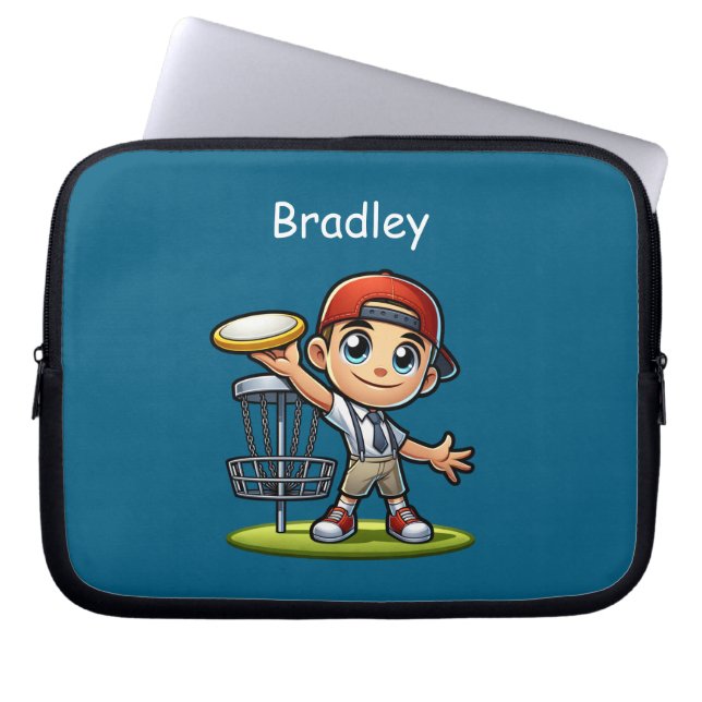 Cute Little Boy Playing Disc Golf Personalised Laptop Sleeve (Front)