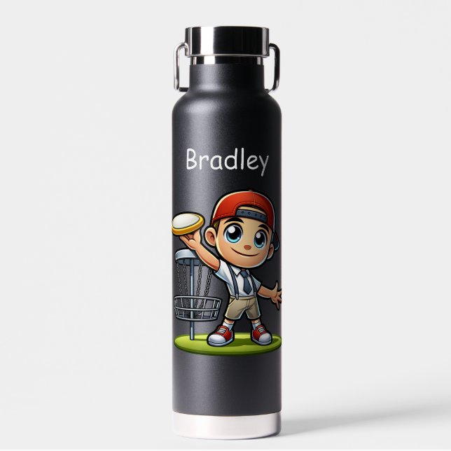 Cute Little Boy Playing Disc Golf Personalised Water Bottle (Front)