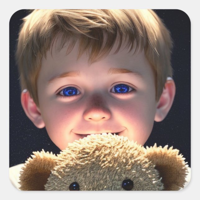Cute Little Boy with Teddy Bear Square Sticker (Front)
