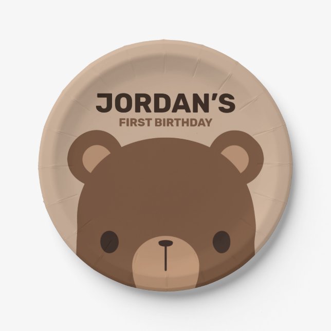 Cute Little Brown Bear Birthday Paper Plate (Front)