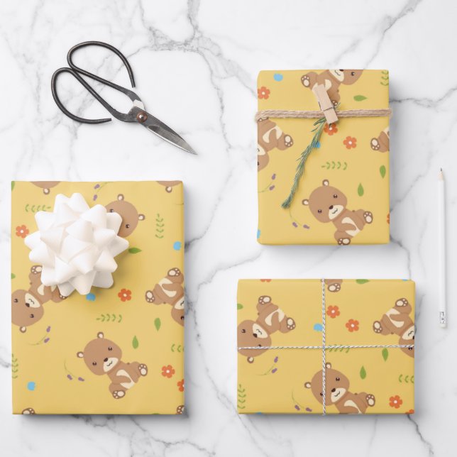 Cute little brown bear with flowers wrapping paper sheet (Front)
