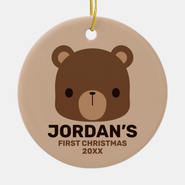 Cute Little Brown Bear with Personalised Name Ceramic Tree Decoration (Front)