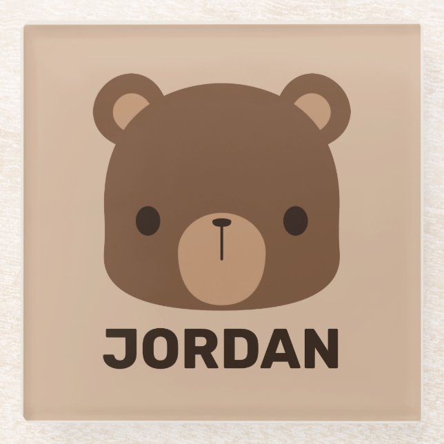 Cute Little Brown Bear with Personalised Name Glass Coaster (Front)