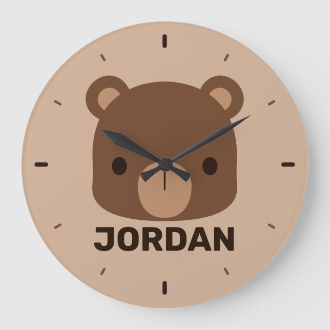 Cute Little Brown Bear with Personalised Name Large Clock (Front)