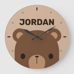 Cute Little Brown Bear with Personalised Name Large Clock