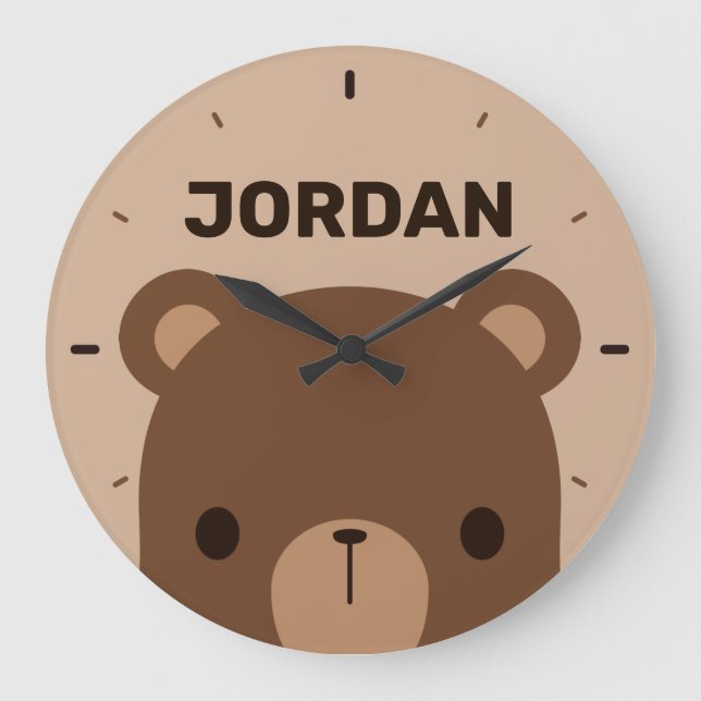 Cute Little Brown Bear with Personalised Name Large Clock (Front)