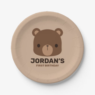 Cute Little Brown Bear with Personalised Name Paper Plate