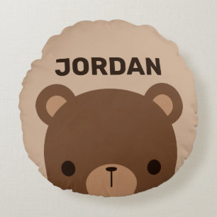 Cute Little Brown Bear with Personalised Name  Round Cushion