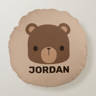 Cute Little Brown Bear with Personalised Name Round Cushion