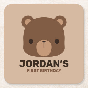 Cute Little Brown Bear with Personalised Name Square Paper Coaster