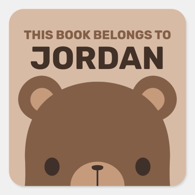 Cute Little Brown Bear with Personalised Name Square Sticker (Front)
