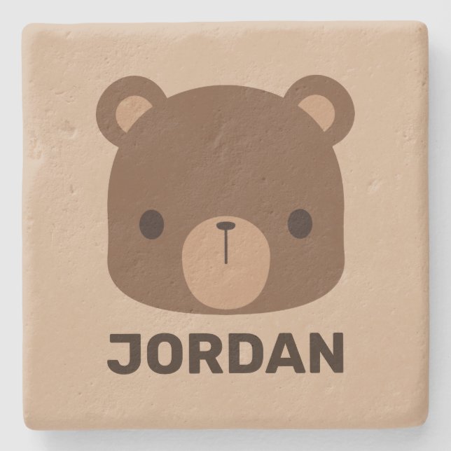 Cute Little Brown Bear with Personalised Name Stone Coaster (Front)