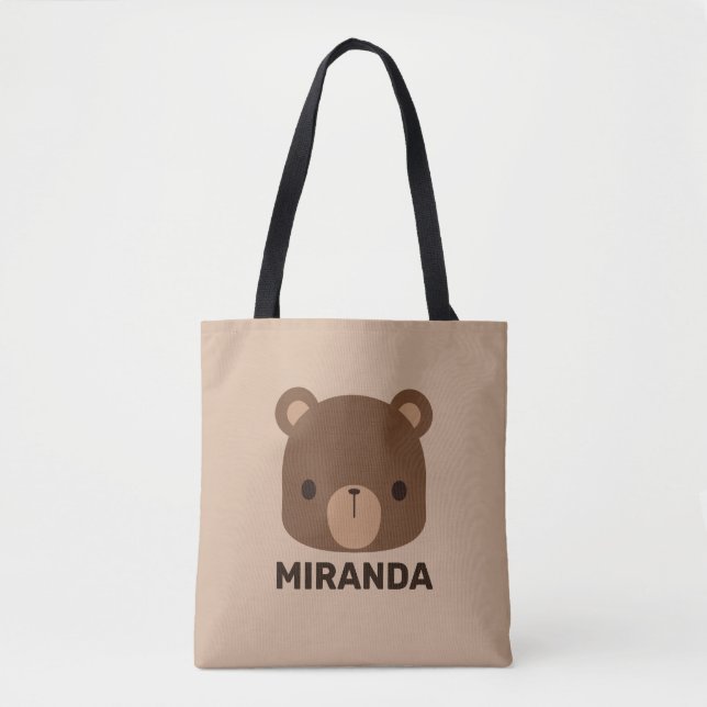 Cute Little Brown Bear with Personalised Name Tote Bag (Front)