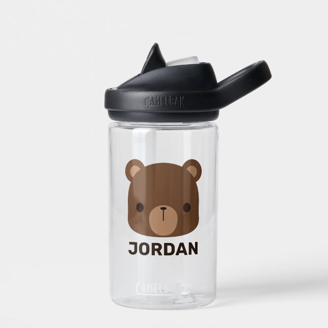 Cute Little Brown Bear with Personalised Name Water Bottle (Left)
