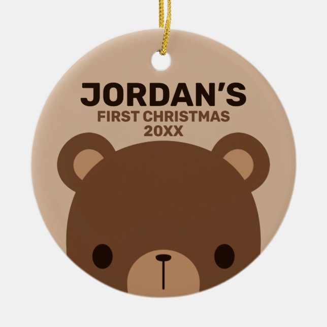 Cute Little Brown Bear with Personalized Name Ceramic Tree Decoration (Front)