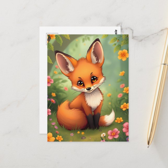 Cute little brown fox in forest postcard (Front/Back In Situ)