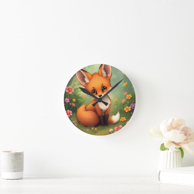 Cute little brown fox in forest round clock (Home)