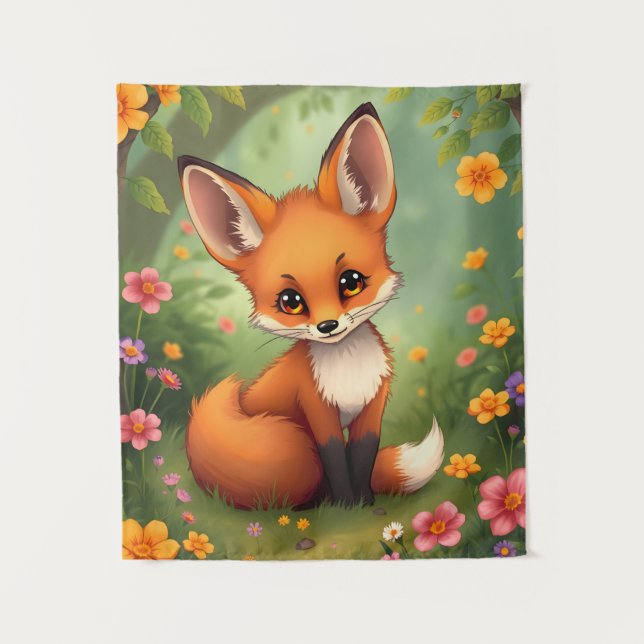 Cute little brown fox in forest tapestry (Front)