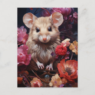 Cute Little Brown Mouse in the Flowers Postcard