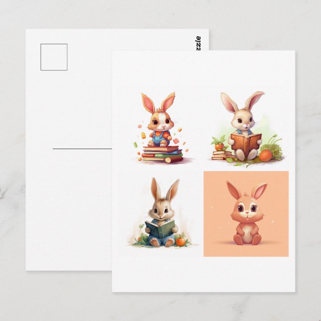 Cute little bunnies reading postcard (Front/Back)